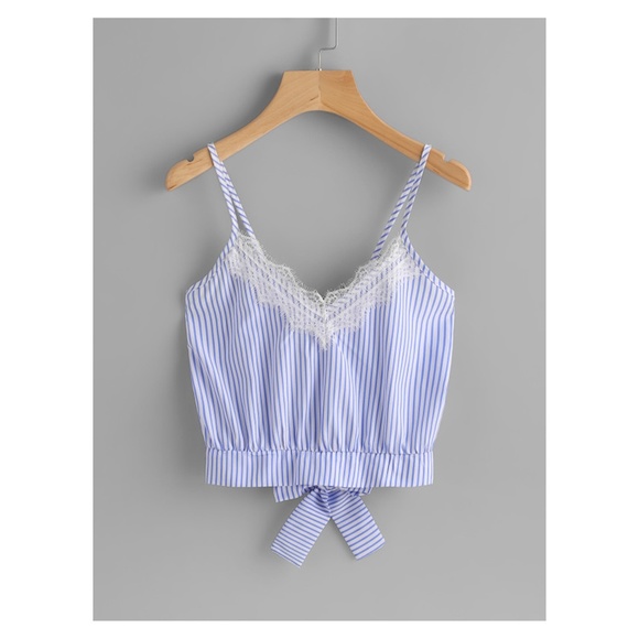 MBM Unlimited Tops - Blue White Lace Striped Back Tie Cami Crop Top